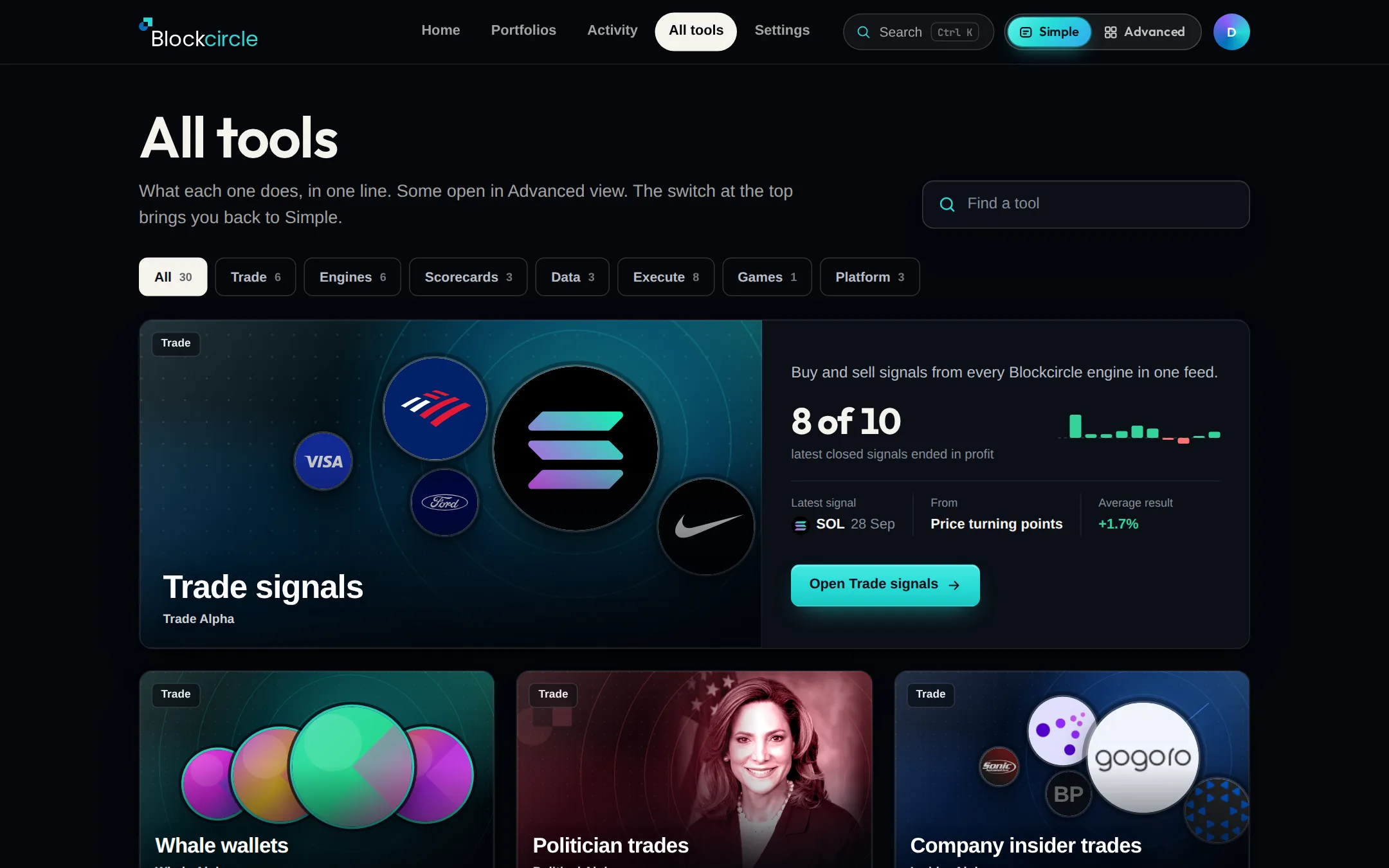 The All tools page with group chips, the Trade signals card on top and picture cards for each tool