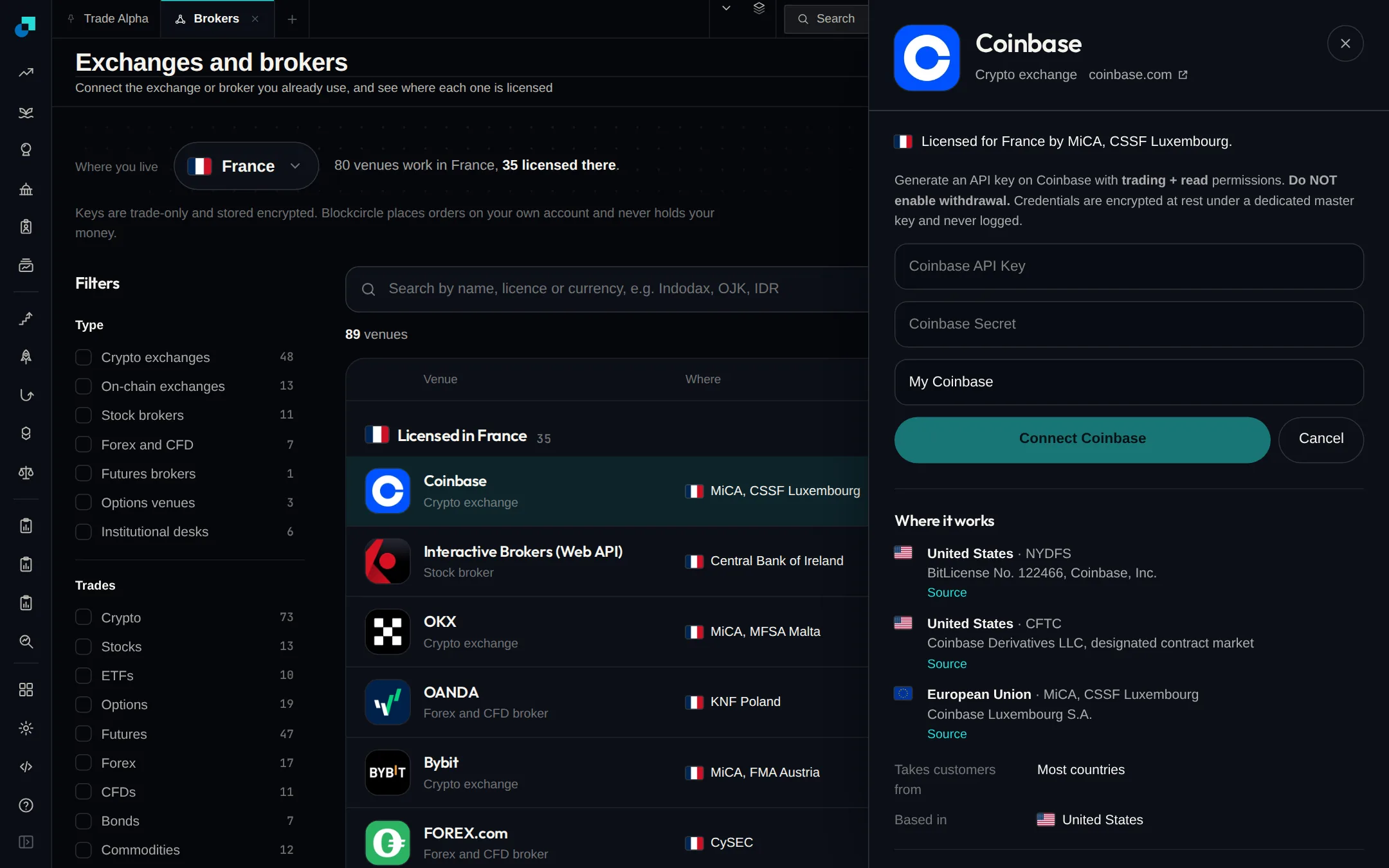 The connect form for Coinbase on the Exchanges and brokers page