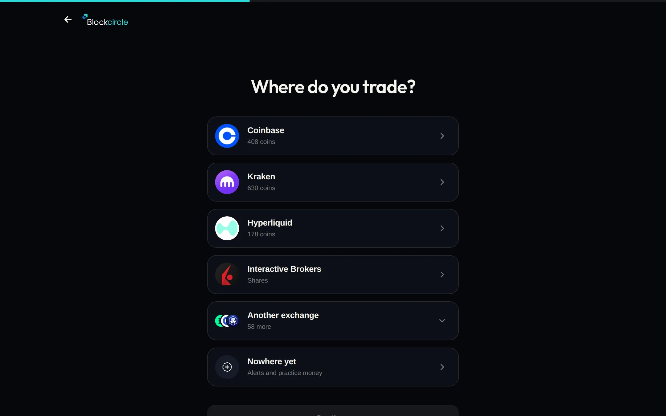 The Where do you trade? step of Get started, with exchanges and brokers to pick from