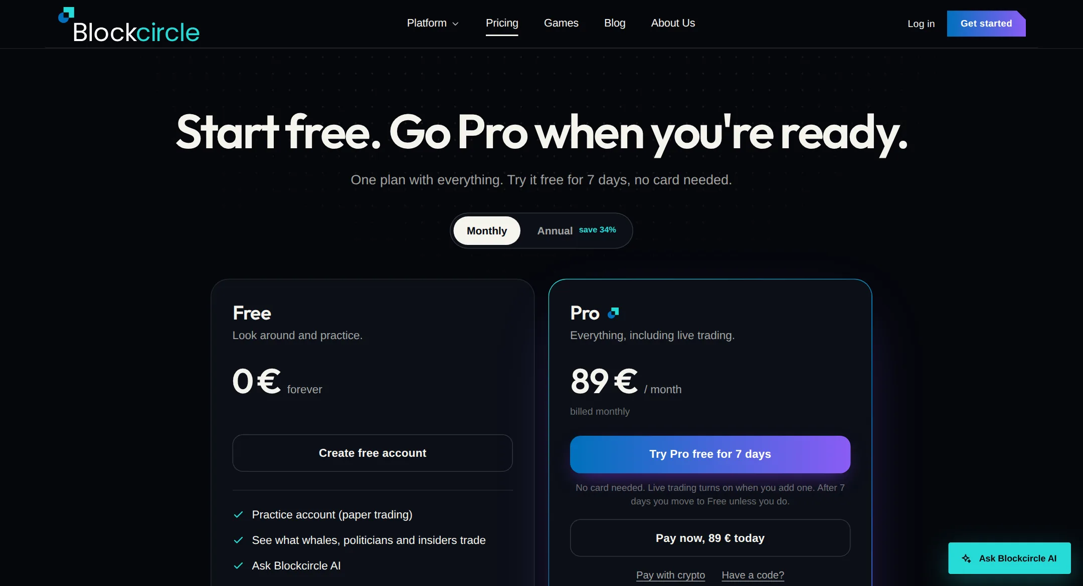 The pricing page with Pay now, Pay with crypto and Have a code? under the free trial button