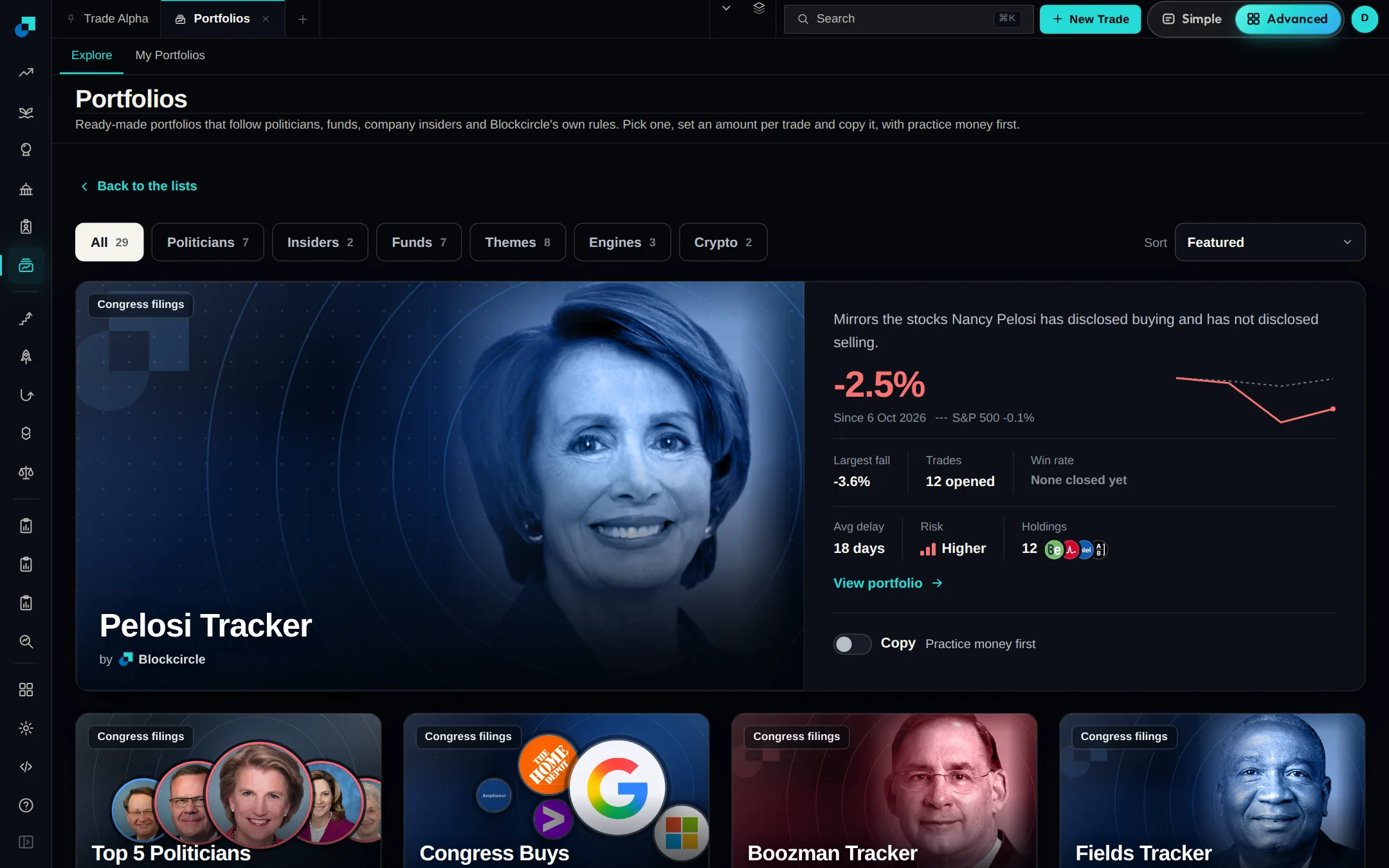 The Portfolios page as cards, with chips for politicians, insiders, funds, themes, engines and crypto