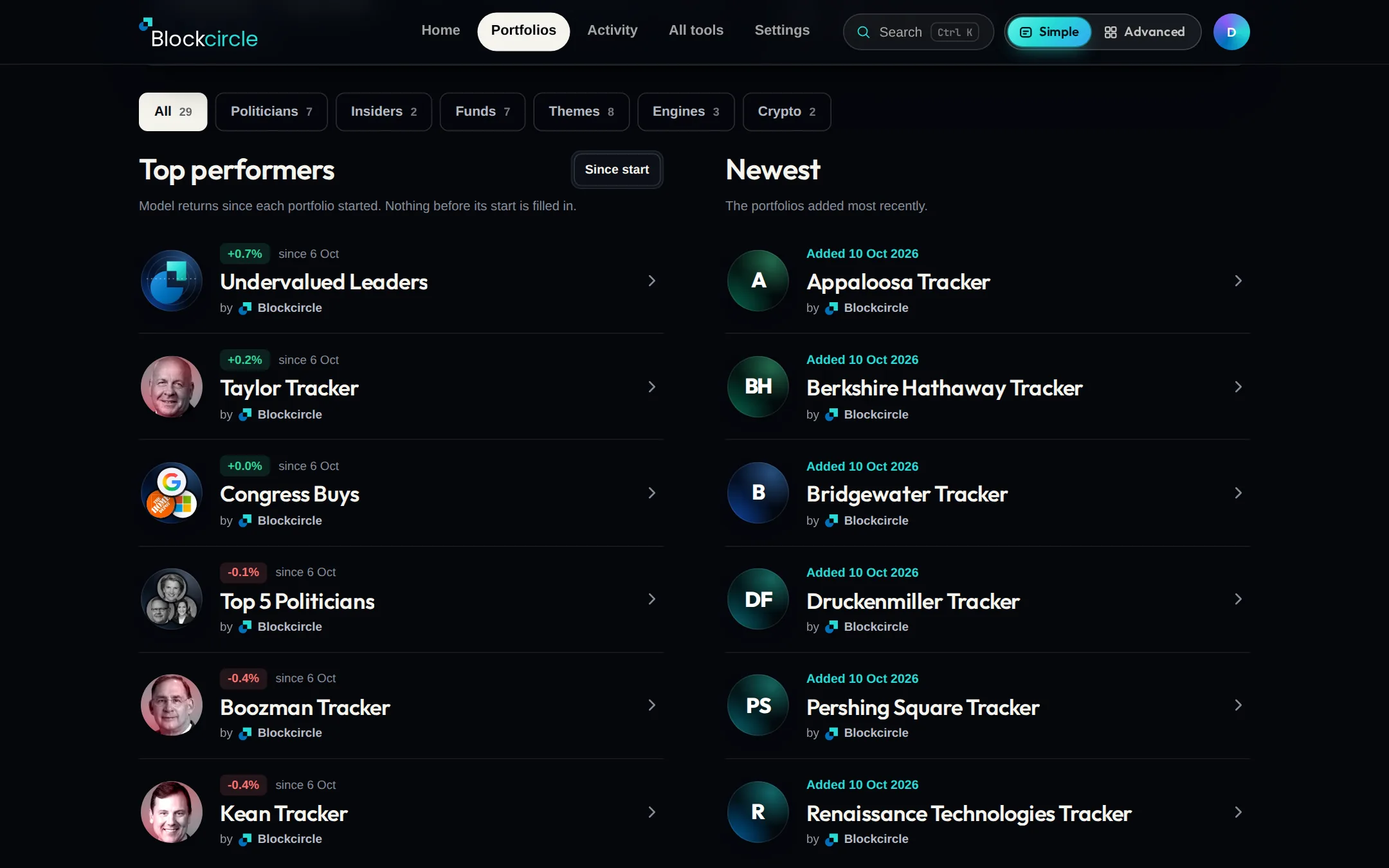 The Portfolios page with the Funds and Themes chips, the Top performers list and the Newest list with the new fund portfolios