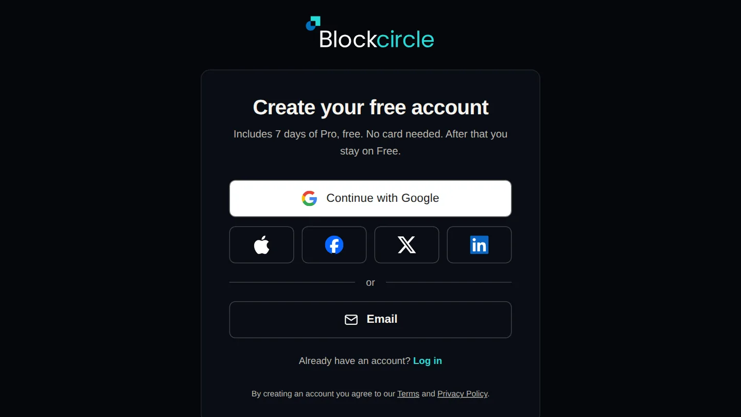 The Create your free account box with buttons for Google, Apple, Facebook, X and LinkedIn