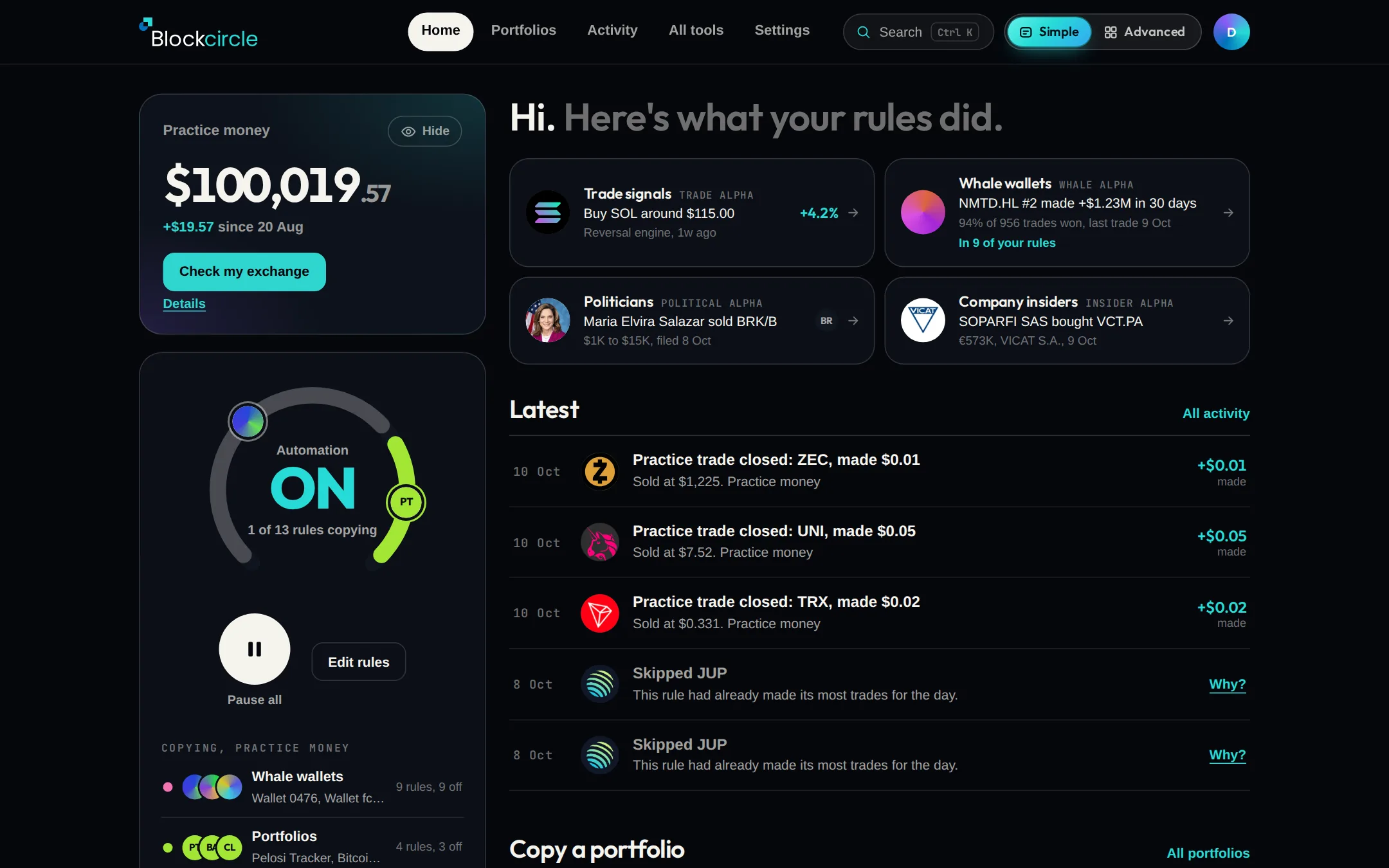 Simple Home with the balance, the automation dial, what you follow, the latest activity and the Simple | Advanced switch at the top right