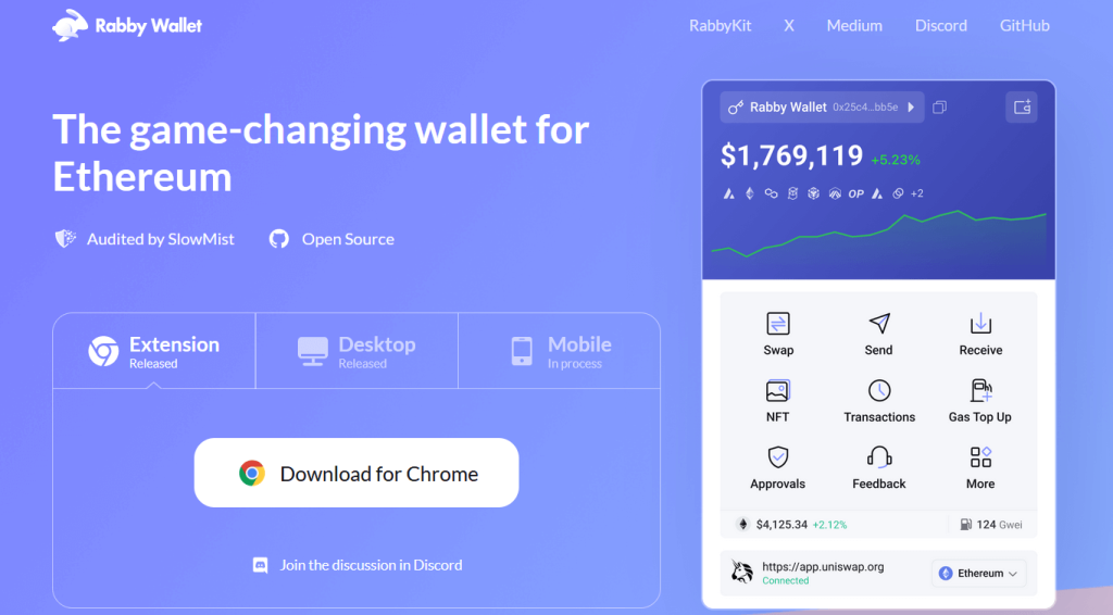 Screenshot der offiziellen Website von Rabby Wallet
